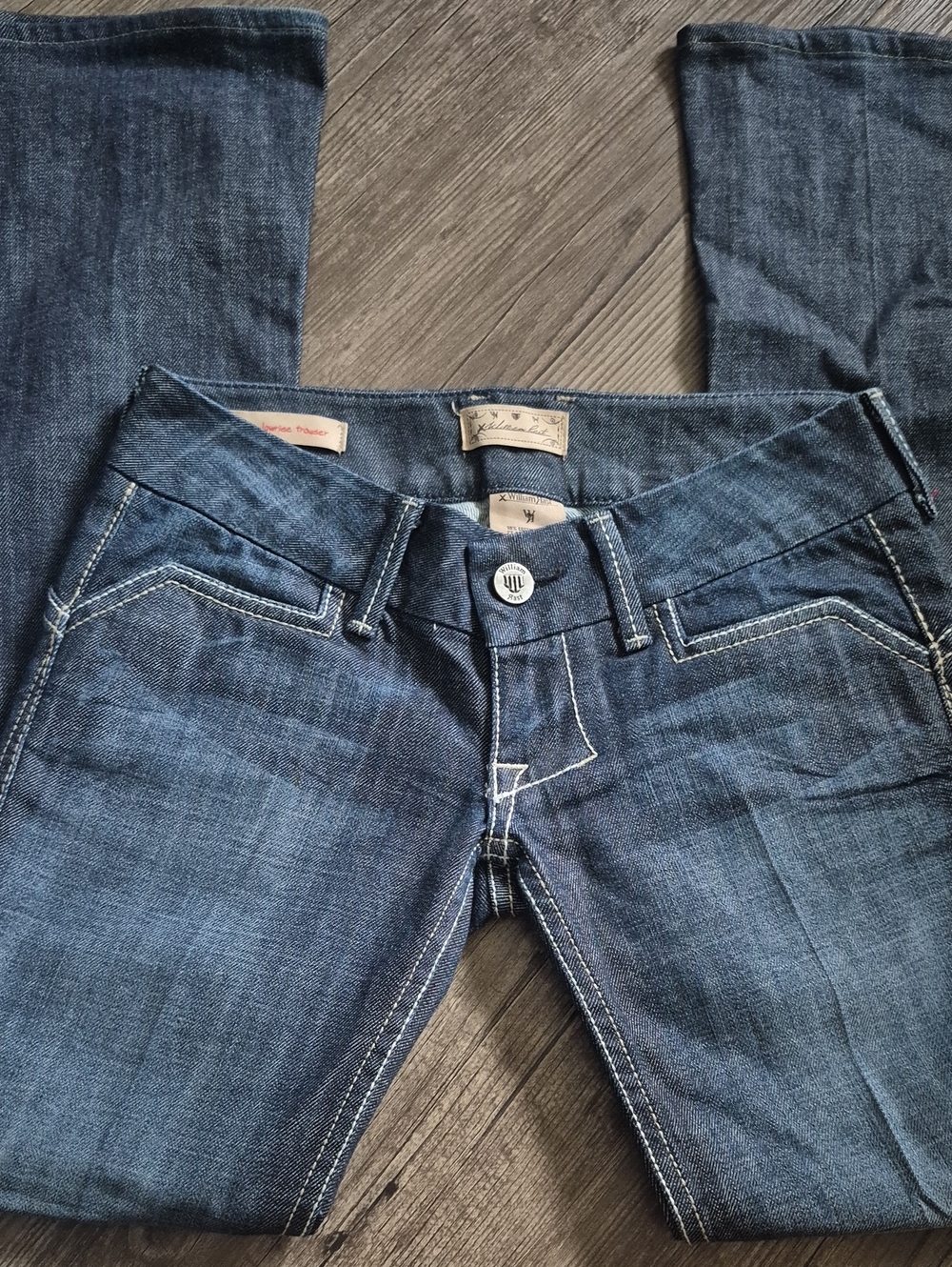 William Rast Y2K Ultra Low Rise Indigo Flared Jeans with Contrast Stitching